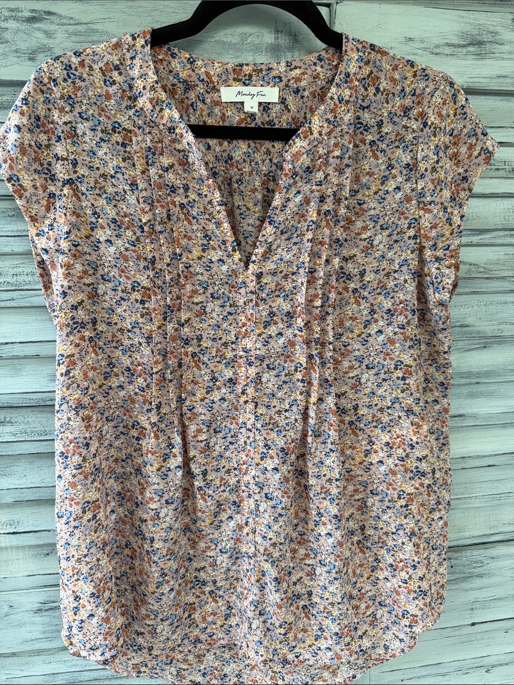 Monday Fun Floral Split-Neck Cap Sleeve Top - Pink Multi Size M